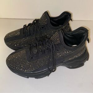 Athletic Black Knit Sneakers with Rhinestone Detailing